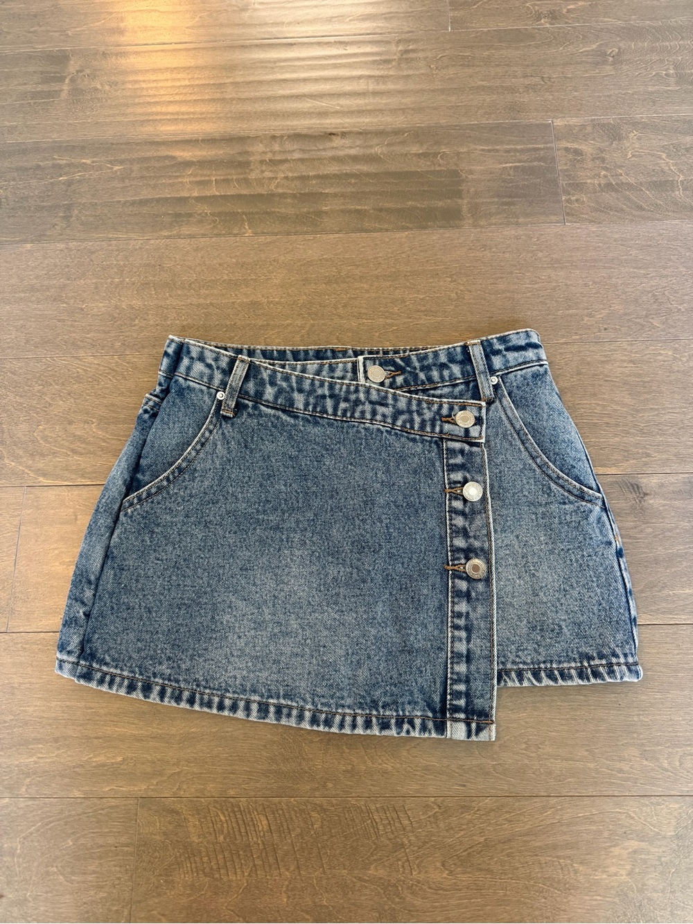 SHEIN Washed Blue Asymmetrical Button-Front Denim Mini Skirt